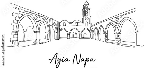 Ayia Napa Monastery courtyard arches and bell tower continuous line drawing vector illustration