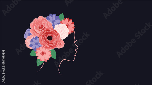 Artistic silhouette profile of a woman with a beautiful floral hair arrangement featuring colorful roses and flowers.