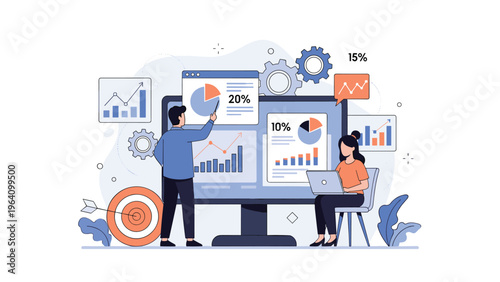 Team of young business experts working together to visualize statistics and achieve corporate targets using modern data analytics on large screens.