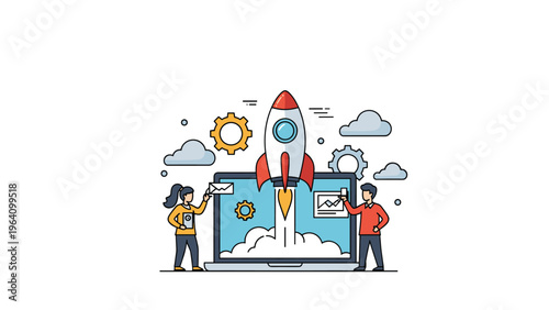 Creative startup concept showing a space rocket launching from a laptop screen as entrepreneurs manage technical gears and digital cloud data.