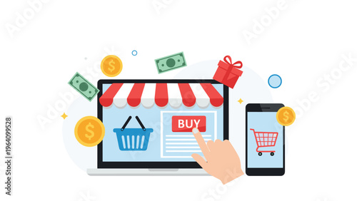 E-commerce shopping experience showing a user purchasing items via a laptop and mobile phone surrounded by money, gifts, and floating currency.