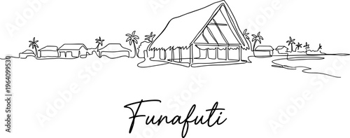 Funafuti Tuvalu coastal village skyline continuous line art isolated on white background vector illustration
