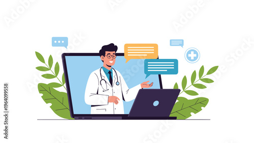 Professional male doctor providing online medical consultation through a laptop screen with speech bubbles and green leaf patterns in the background.