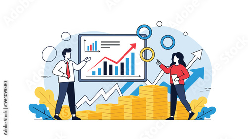 Successful business growth and investment concept with male and female colleagues presenting a rising bar graph next to large stacks of gold coins.