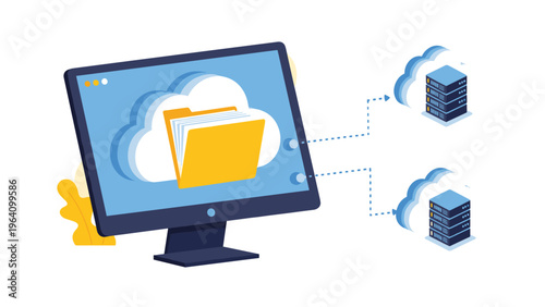 Cloud computing and data storage illustration showing a digital folder transferring information between a laptop and remote database server racks.