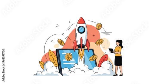 Financial startup growth concept with a space rocket launching from a digital screen surrounded by flying gold coins and professional management.