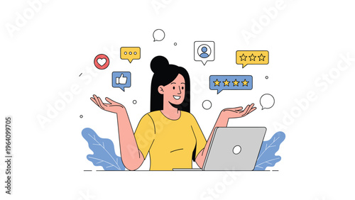 Cheerful young woman working on her laptop while surrounded by floating social media icons, heart likes, speech bubbles, and star rating reviews.