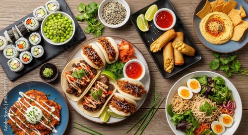 Delicious Asian Fusion Dishes on Wooden Table Top View