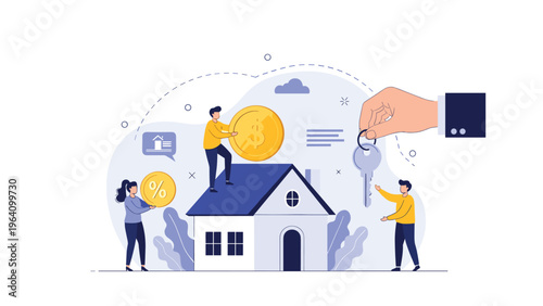 Real estate investment and mortgage concept showing people placing coins on a house while a hand offers a set of keys for a new home purchase.