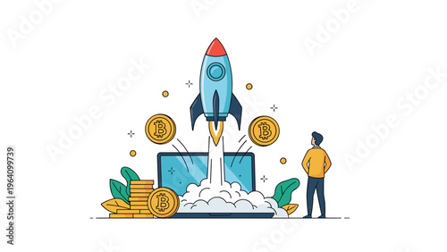 Bitcoin investment and cryptocurrency growth concept with a rocket taking off from a laptop screen surrounded by stacks of digital gold coins.