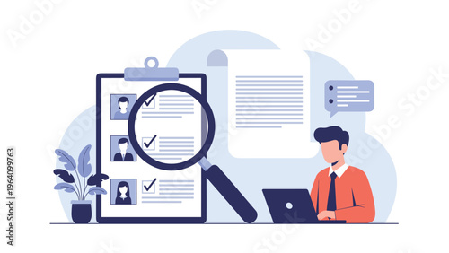 Professional HR manager reviewing candidate profiles and job applications on a clipboard while using a laptop to find the best talent for hiring.