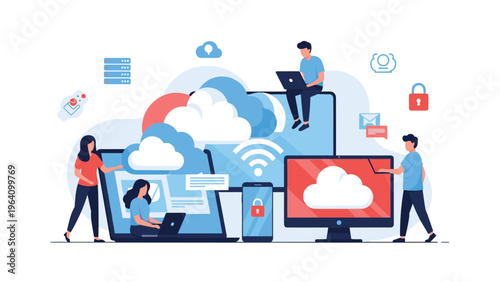 Integrated cloud computing network showing men and women working on different devices connected to synchronized data clouds and secure servers.