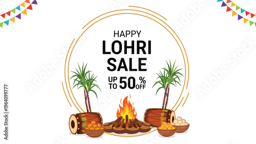 Traditional Lohri festival sale banner with a central bonfire, sugarcane stalks, traditional dhol drums, and baskets of delicious festive sweets.