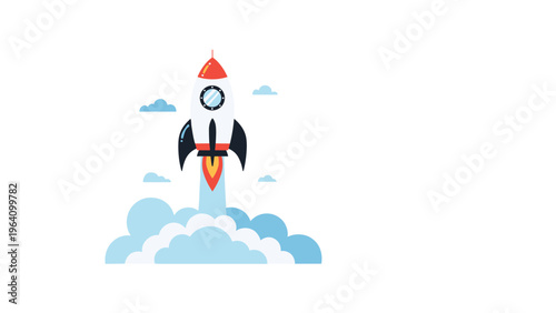 Minimalist illustration of a space rocket launching upwards through white clouds on a clean background, symbolizing progress and high ambition.