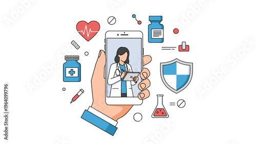 Healthcare app concept showing a female doctor on a smartphone screen with various medical symbols, research tools, and wellness icons around.