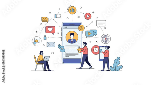 Marketing team managing mobile social media campaign with engagement icons video content and target audience strategy.