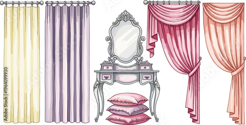 Elegant Curtains and Vintage Dressing Table Vector Illustration Set with Drapes, Vanity Mirror and Decorative Pillows Interior Design Elements