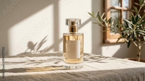 Minimalist glass perfume bottle with golden accents and natural light