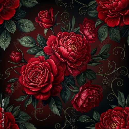 Lush, velvety red roses burst into full bloom against a moody