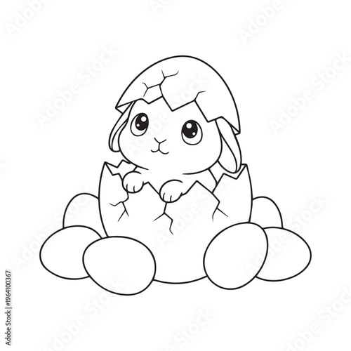 Cute bunny hatching from Easter egg coloring page, baby rabbit character with eggshells outline, Simple Easter bunny hatching line art for kids coloring activity, vector illustration for preschool