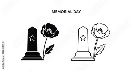Memorial Day icons, tombstones, poppy flowers, patriotic symbols
