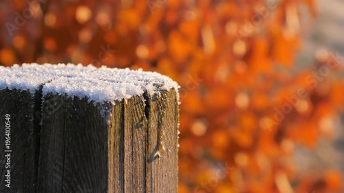A Rustic Wooden Post Covered in Delicate Frost, Standing Tall Against a Softly Blurred Background of Vibrant Autumn Foliage, Evoking a Serene and Chilly Morning Ambiance