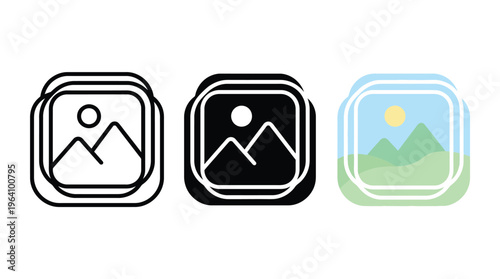 Image icon. Picture symbol. Photo album pictogram. Photo gallery vector illustration. Snapshot sign. Photograph button. Painting frame concept.