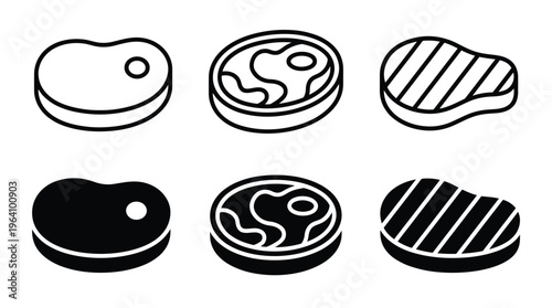 Meat icon set. Beef vector illustration. Steak symbol. BBQ sign. Raw meat pictogram. Grilled steak icon.