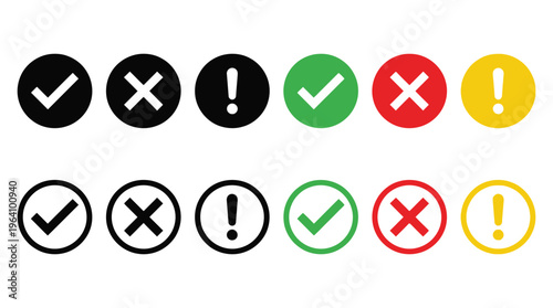 Status icon set with check mark, cross and exclamation symbols. Success, error and warning indicators. System notification and interface elements for confirmation, alerts and feedback states.