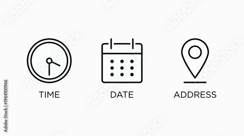 Time, date and address icon. Clock, calendar and location elements for scheduling vector illustration. Useful date and address details for navigation symbol. Clean minimal layout for interface sign.