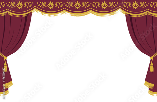 ゴールドの唐草模様とタッセルを施したバーガンディの豪華な劇場風フレーム