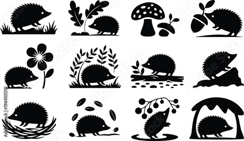 Hedgehog Silhouette Icon Collection Set