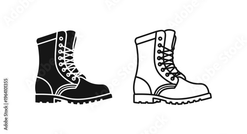 Combat boots, hiking boots, black and white icons