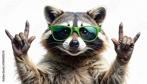 A humorous scene of a raccoon wearing bright green sunglasses, raising both hands with index fingers pointing upward, detailed fur against a plain white background, combining realism with playful gest