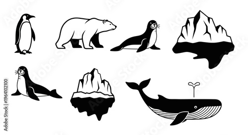 Black and white Arctic animal illustrations.