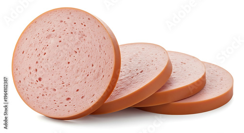 Close-up shot of a sliced bologna sausage, revealing its smooth texture and pinkish-red color, isolated on a white background