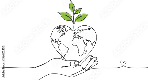 A delicate line drawing depicts a hand holding a heart shaped earth with a sprouting plant
