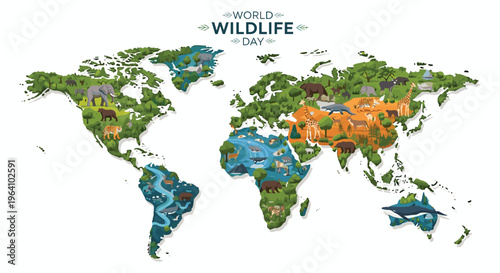 World wildlife day illustration depicting a map filled with diverse animal species and habitats high quality