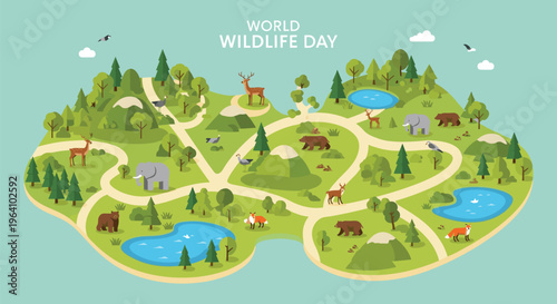 World wildlife day illustration depicting a vibrant landscape with diverse animal species and habitats high quality