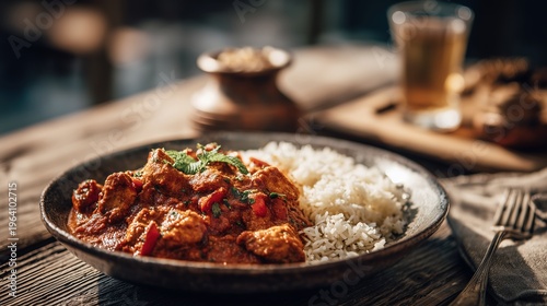 Delicious indian butter chicken curry, creamy and vibrant, served with fluffy basmati rice, a popular comfort food dish