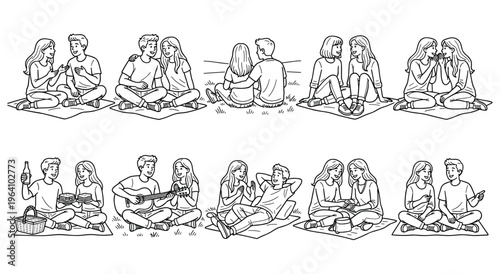 Couple enjoying picnic together on grass during sunny day outdoor activity.