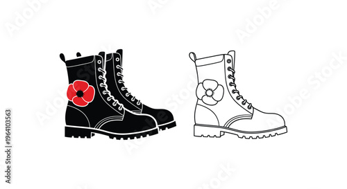 Combat boots, punk fashion, black and white icons