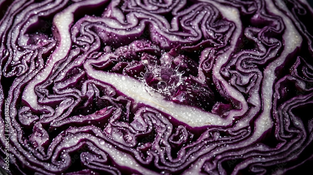 Obraz premium Macro View of Purple Cabbage Leaves Hit by a Liquid Droplet for Healthy Vegetable Advertising