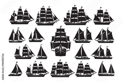 Vintage Sailing Ship Silhouette Collection Nautical Sailboat Marine Vector Set