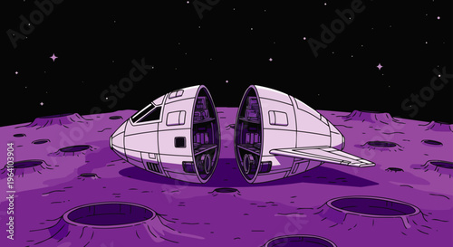 a futuristic spaceship or lunar module split on a purple moon illustrating space travel outer space and science fiction themes.