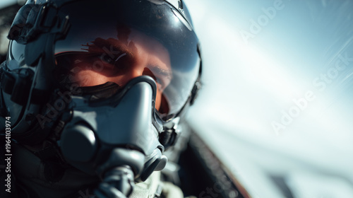 Intense close-up of a fighter pilot inside the cockpit during a combat mission, Generative AI