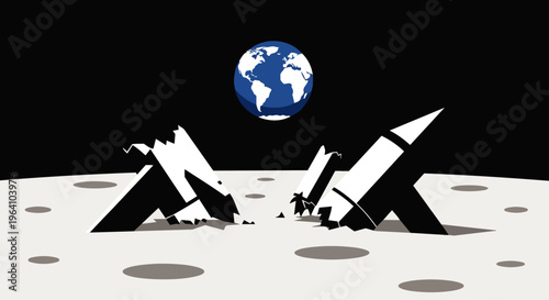 broken rocket remnants lie on the moon surface under a distant earth symbolizing failed space exploration and technological disaster.