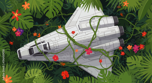 overgrown crashed spaceship in a vibrant tropical jungle reclaimed by lush green vines and colorful exotic flowers.