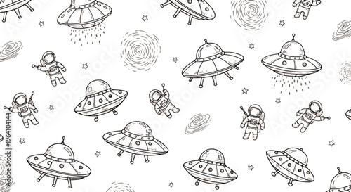 playful seamless pattern of ufo flying saucers astronauts and stars in outer space a fun doodle for cosmic designs