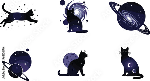 Cosmic Cat Illustrations Set Featuring Cats with Planets, Stars, and Galaxies for Space and Pet Lovers, and Fantasy Art